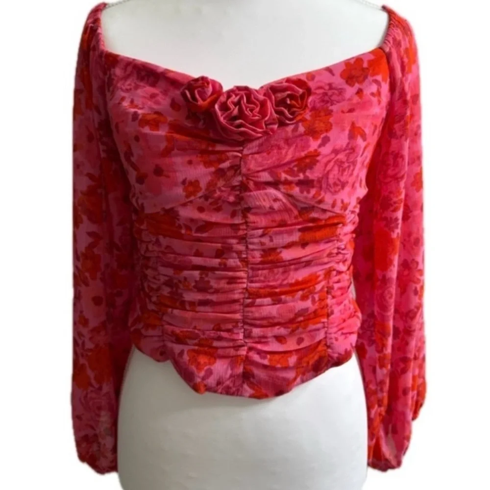 FREE PEOPLE FOREVER FEMME Oh La La TOP SMALL PINK FLORAL RUCHED PUFF SLEEVE